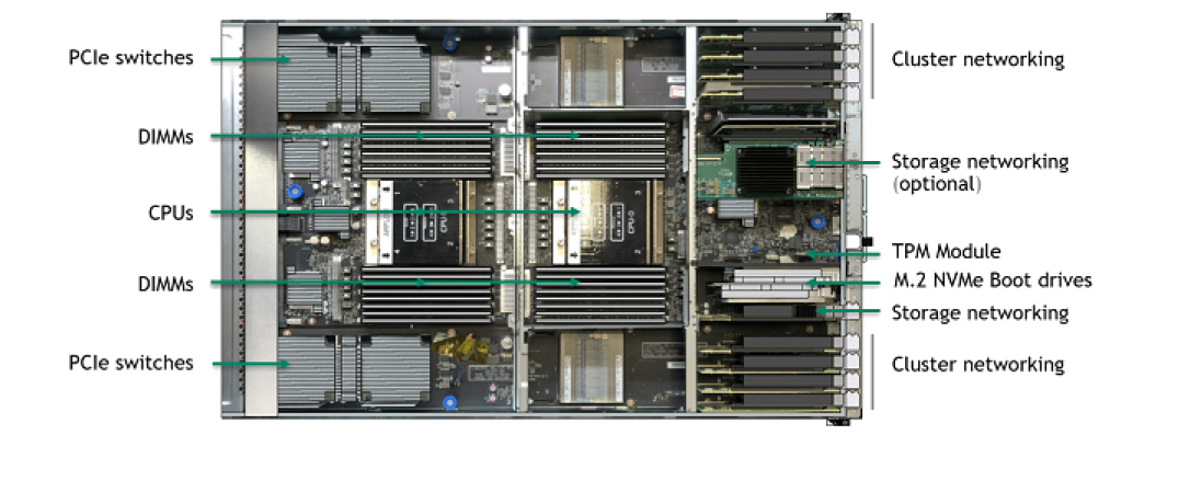 DGX A100 320 GB — Wnętrze — taca płyty głównej: CPU, DIMM, przełączniki PCIe, dyski M.2