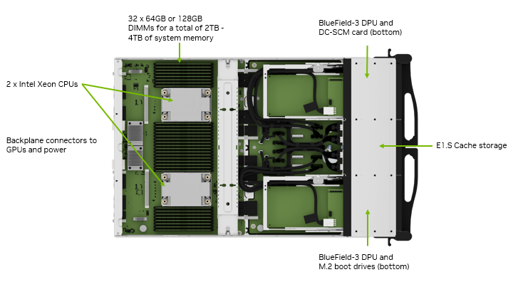 DGX B300 — Wnętrze — taca płyty głównej: dwa Xeon, 32 DIMM, DPU BlueField-3, cache E1.S