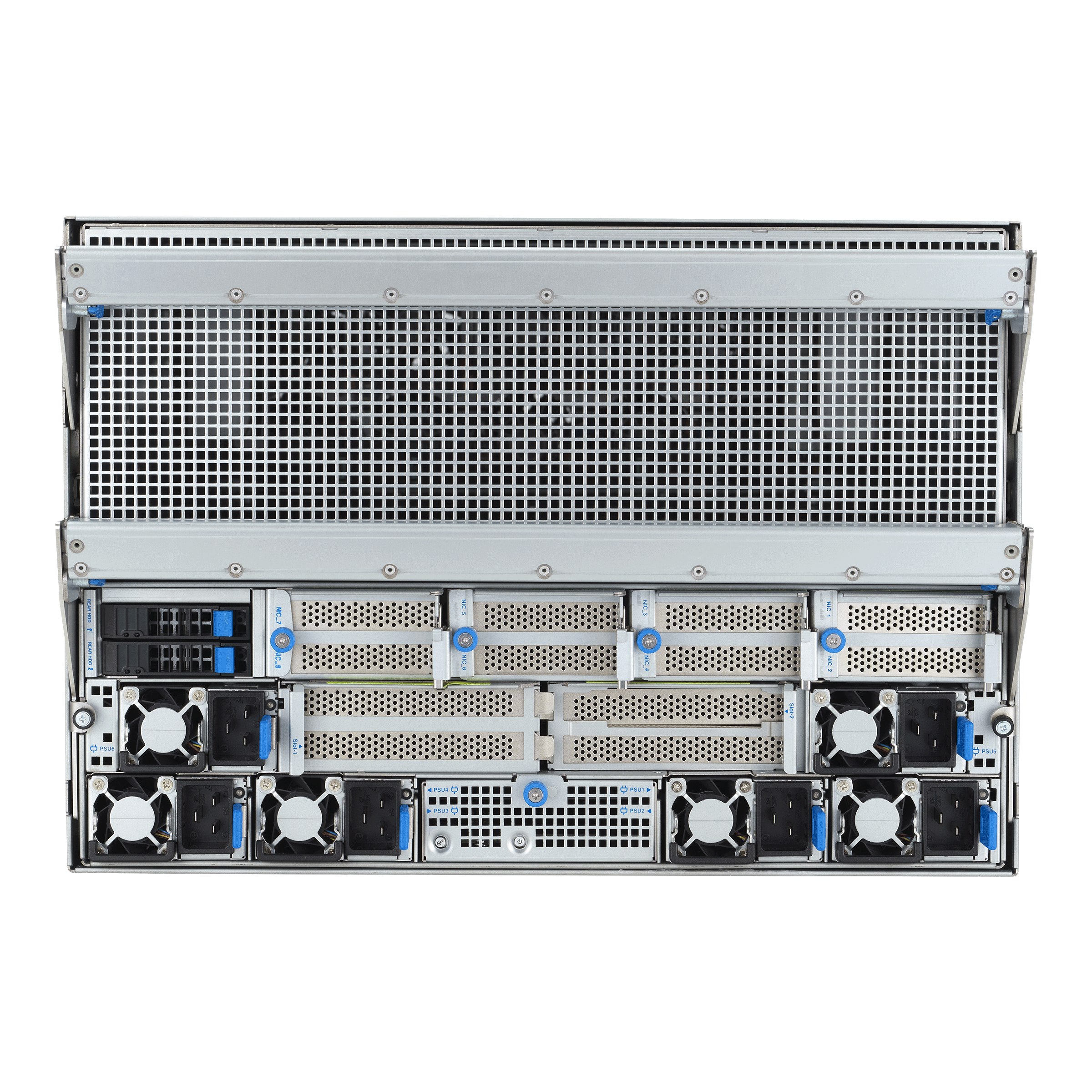 ESC N8-E11 — Tył prosto na panel — sześć zasilaczy (PSU1–PSU6), dwie tylne zatoki dysków i komplet 12 slotów PCIe