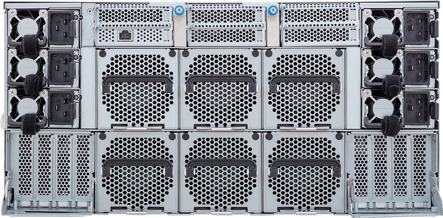 G593-SD0 — Tył — sześć zasilaczy 3000 W, wentylatory i sloty PCIe wariantu 4-Root Port