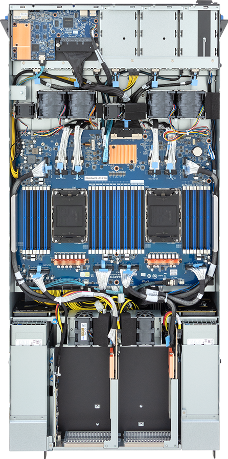 G593-SD1 — Wnętrze od góry — płyta MSB3-G41, dwa gniazda LGA-4677, 32 DIMM